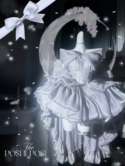 Couture silver lolita dress with embroidered corset and satin shine