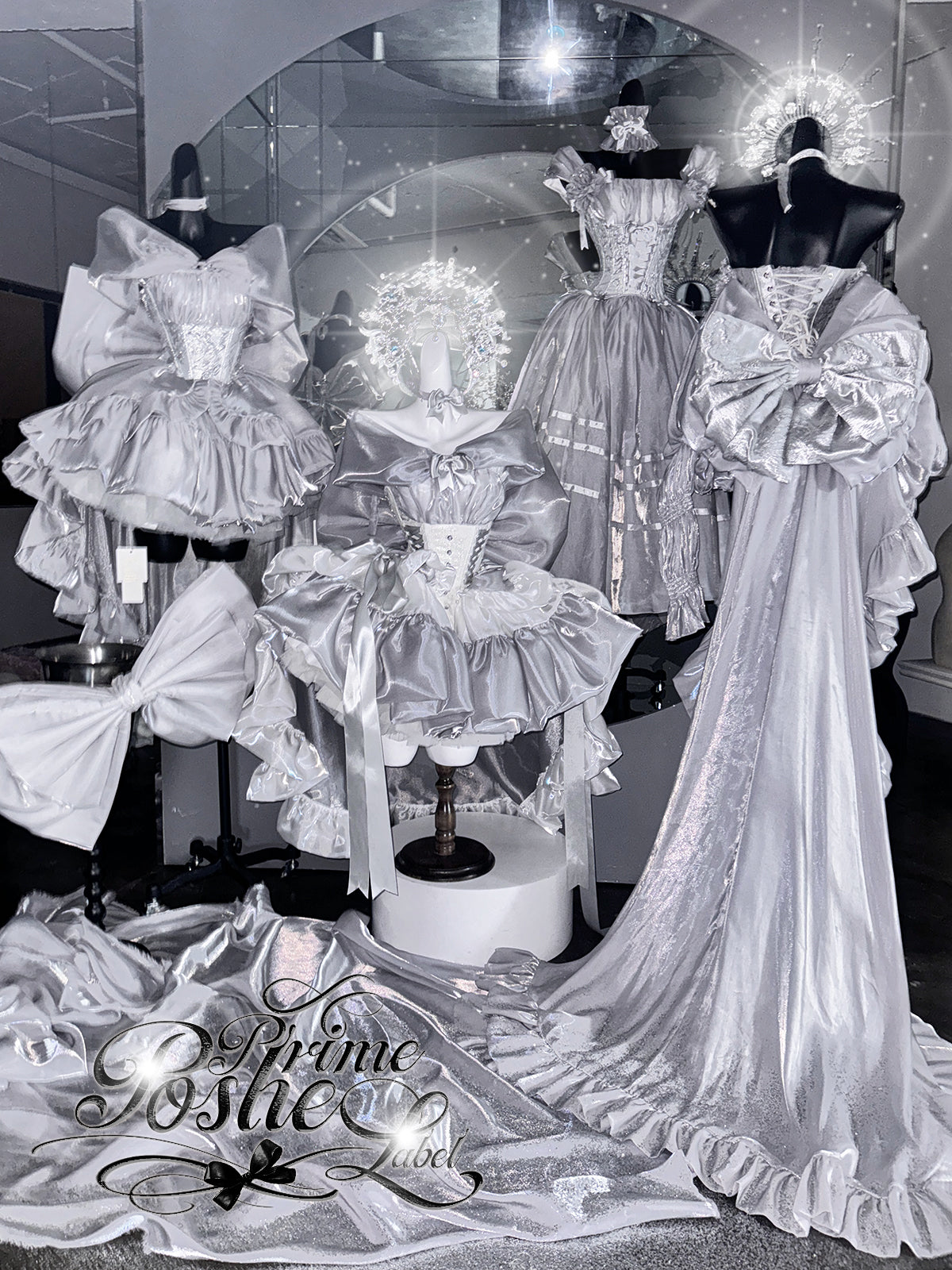 POSHEPOSE Moonlit Silver White princess dress with couture-inspired bows and ruffles