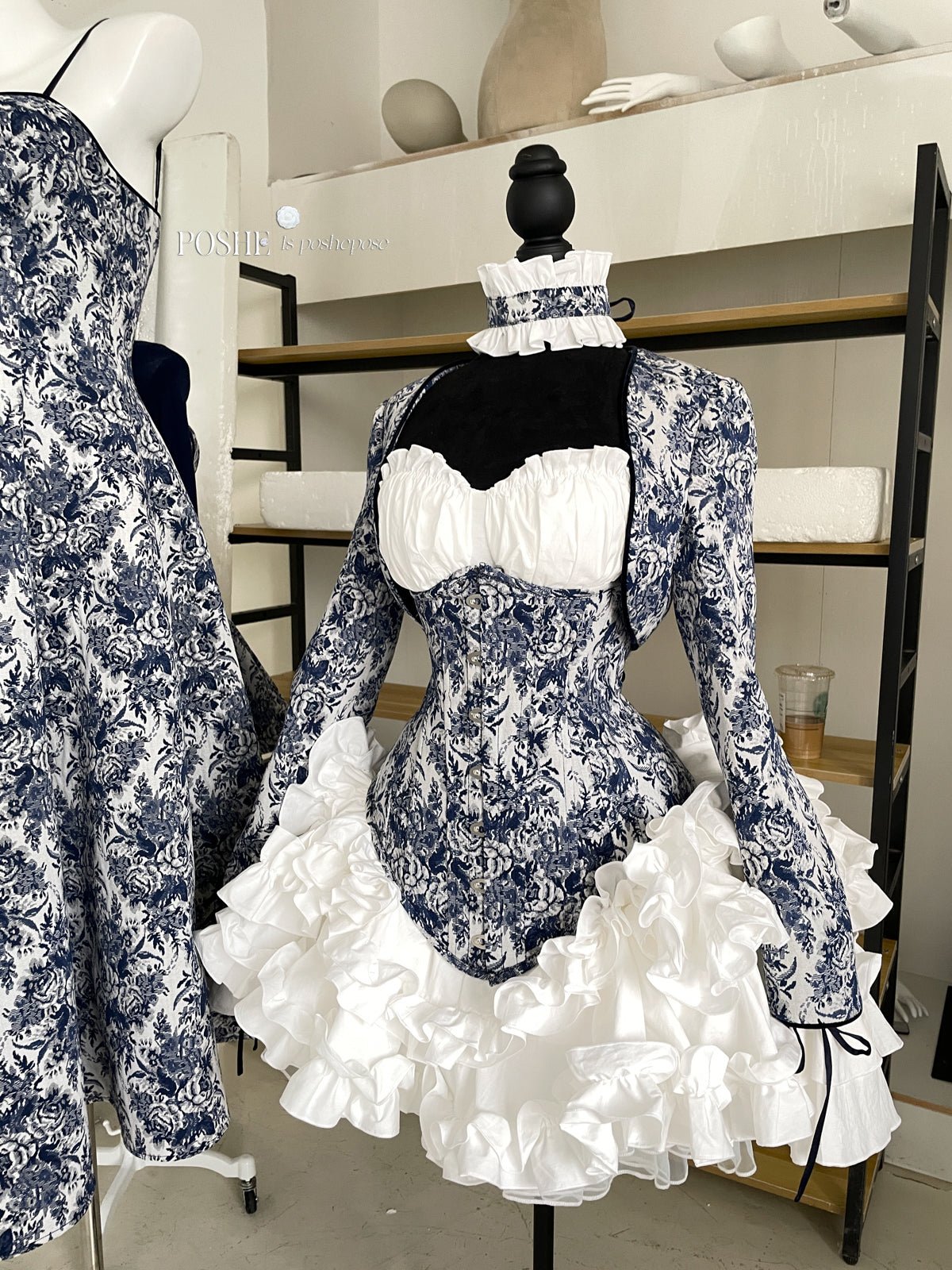 Rococo Laurel Poem Structured Corset in Caviar Blue - PoshePose Global