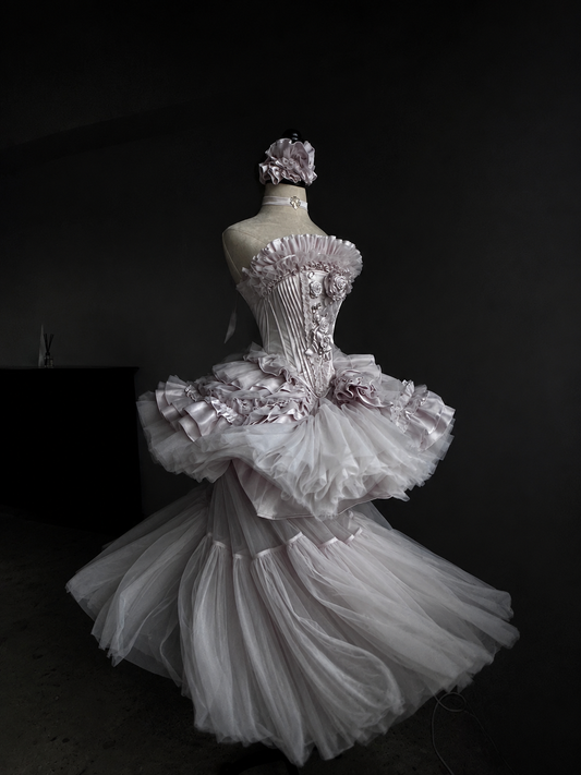 Vintage-inspired princess full-length purple dress with elegant romantic silhouette 