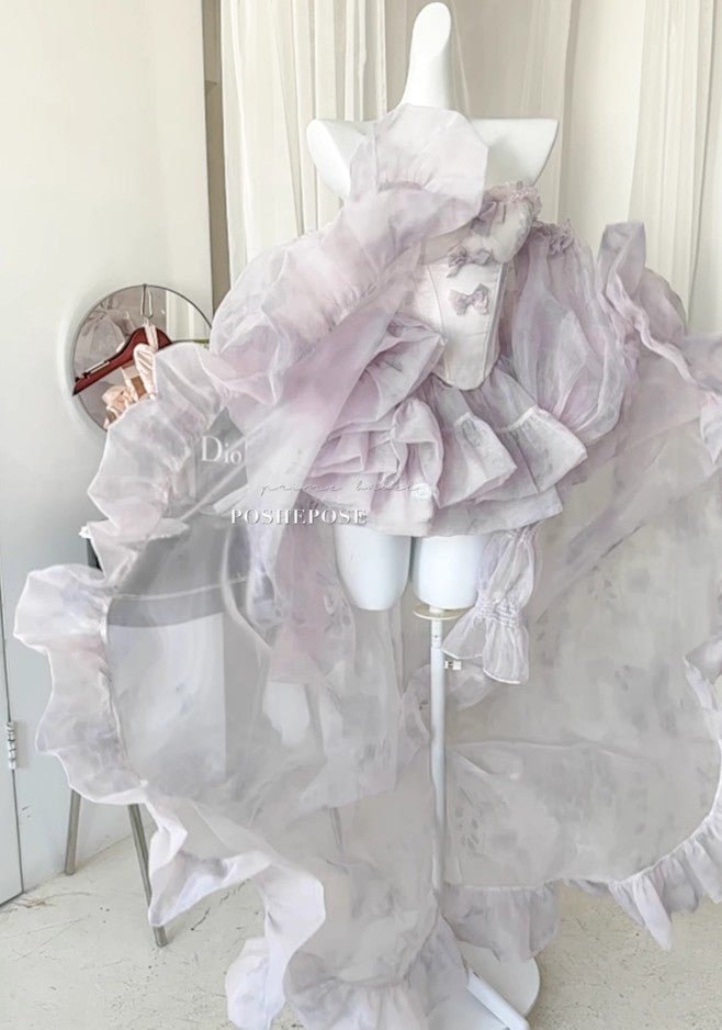 Haute Couture Lavender Purple Princess Gown with Sheer Ruffled Train - PoshePose Global