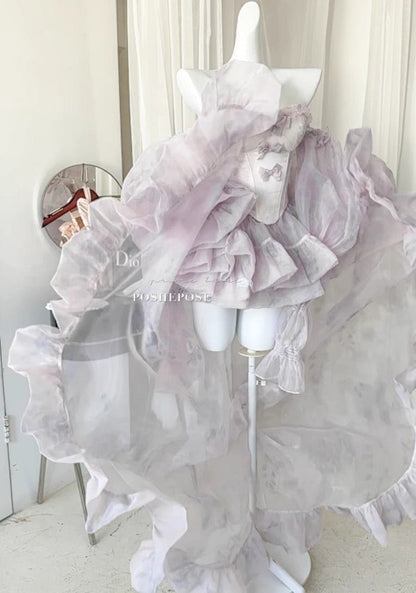 Haute Couture Lavender Purple Princess Gown with Sheer Ruffled Train - PoshePose Global