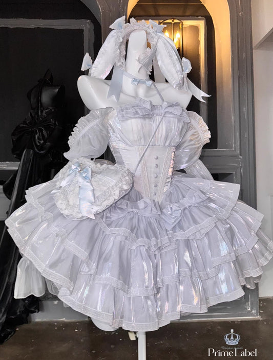 Ice & Snow Spirit Fate Lolita dress set in white featuring layered ruffles, lace details, and an elegant fairy-inspired silhouette.