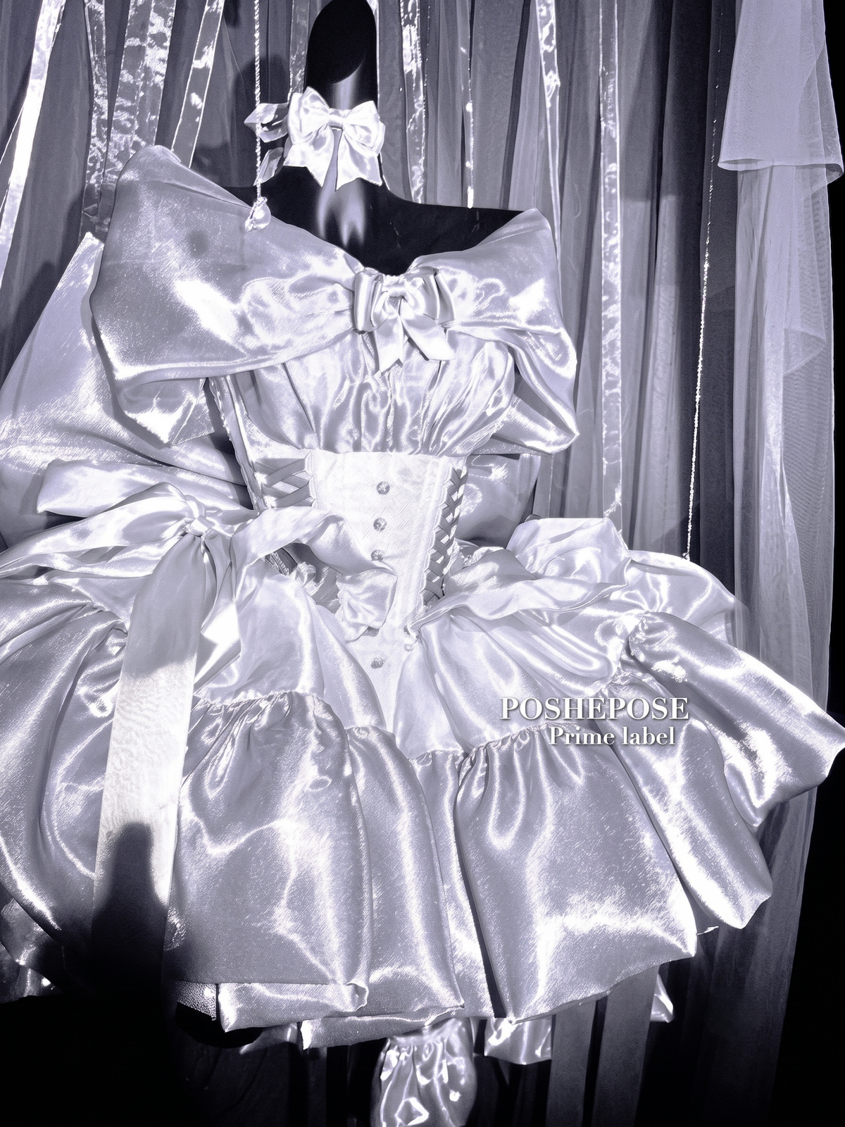 Silver white Sweet Lolita princess dress with dramatic satin bow detailing