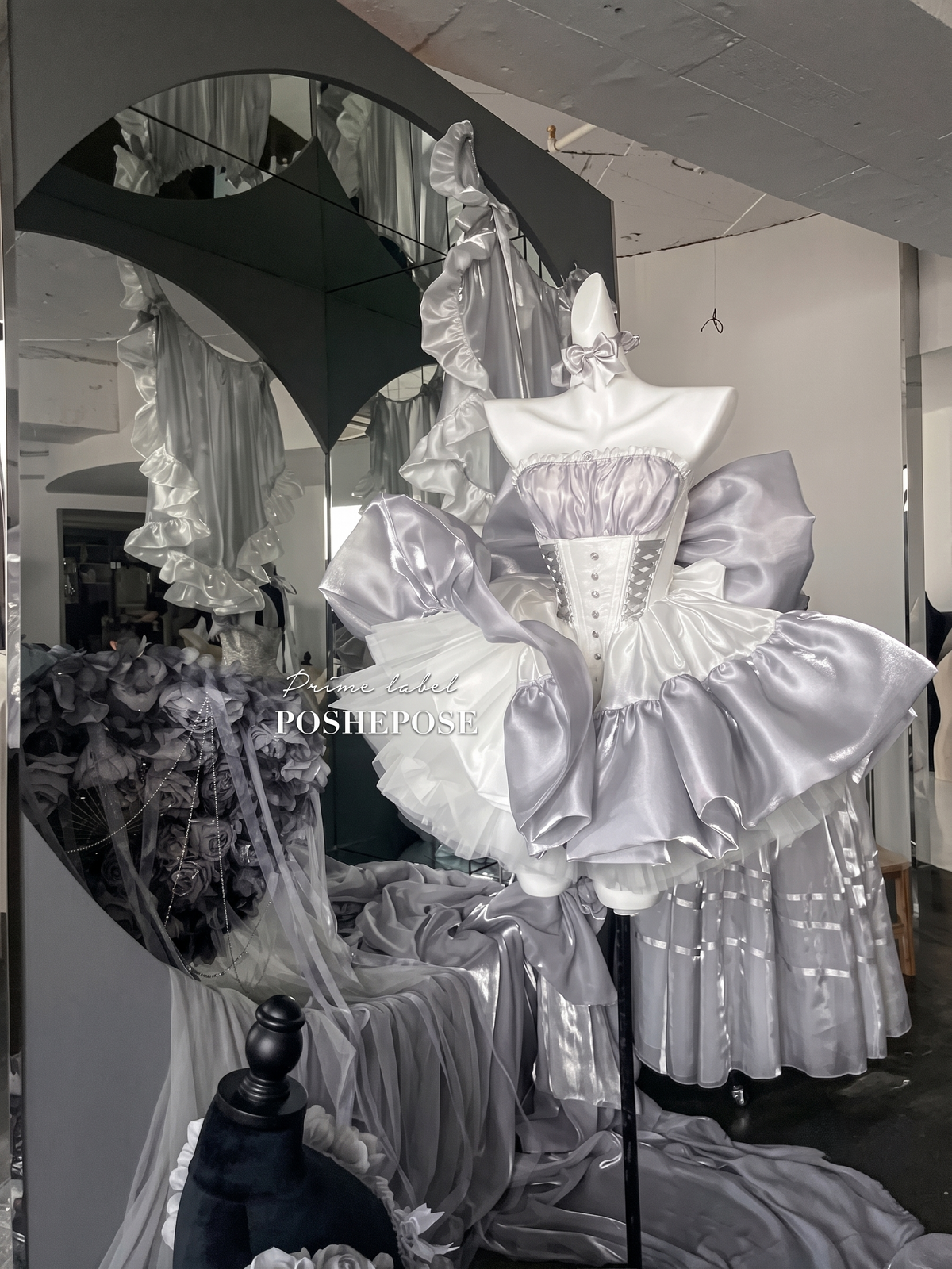 Moonlit princess couture dress in luminous silver white satin