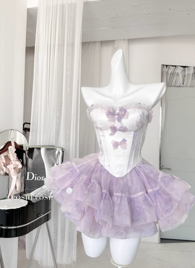 Front View of White Corset Bodice with Purple Bows and Matching Fluffy Lavender Tutu Skirt - PoshePose Global