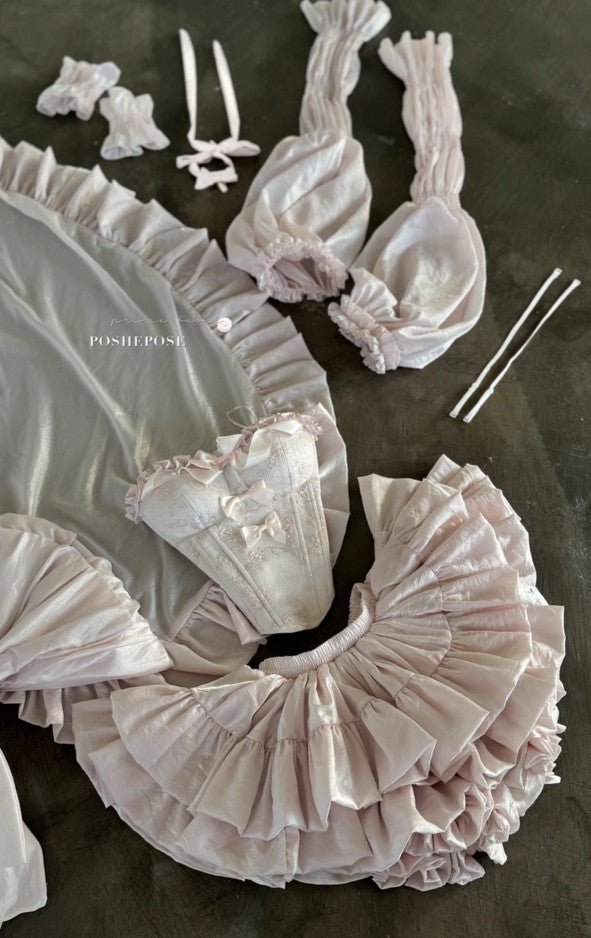 Haute Couture Pink Dress Set Layout with Corset Sleeves and Petticoat - PoshePose Global