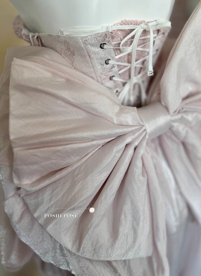 Intricate Pink Lace Bodice and Ribbon Details on Haute Couture Dress - PoshePose Global