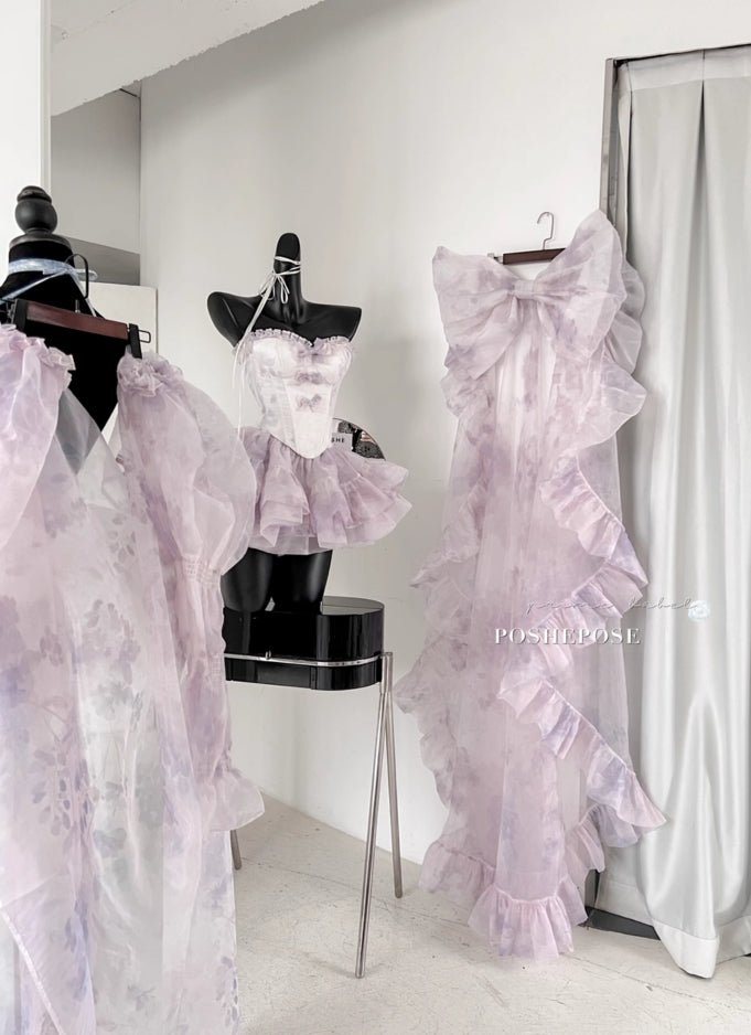Studio Display of Pastel Lavender Haute Couture Gowns and Accessories - PoshePose Global