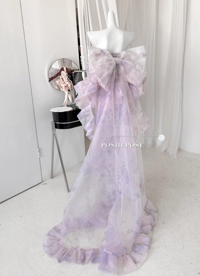 Full Back View of Lavender Floral Gown with Large Statement Bow and Ruffled Organza Train - PoshePose Global
