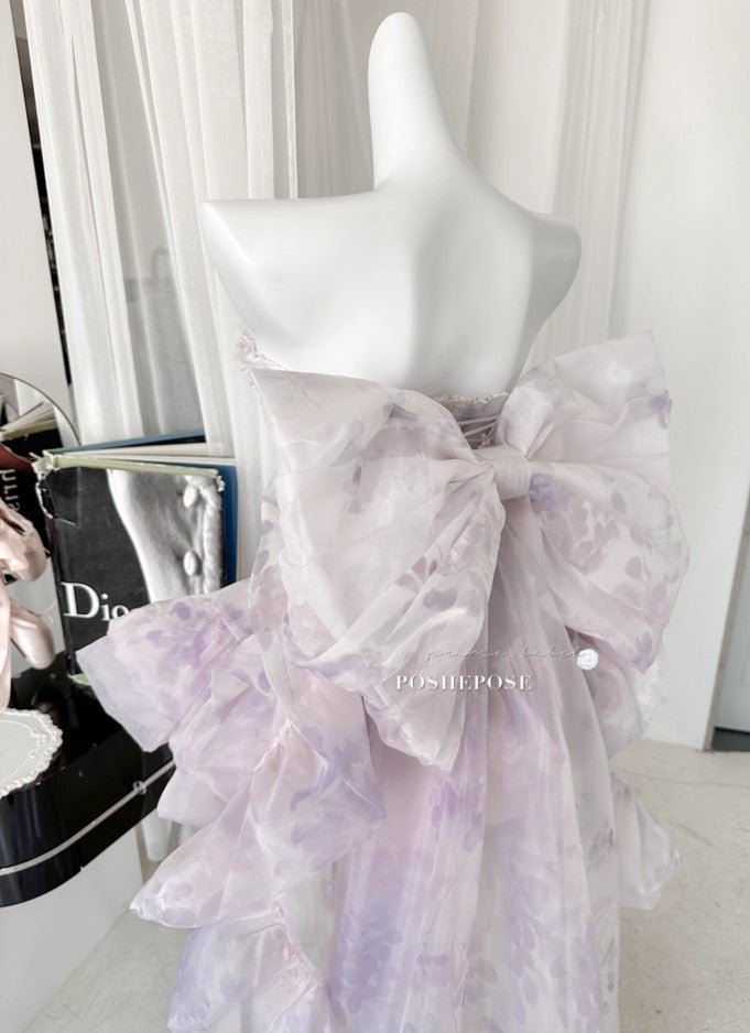 Back View of Lavender Floral Gown Featuring Statement Organza Bow and Ruffles - PoshePose Global