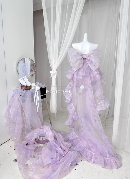 Ethereal Lavender Purple Gown with Oversized Back Bow and Flowing Ruffled Train - PoshePose Global