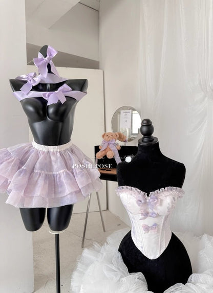 Pastel Lavender Tiered Mini Skirt and Corset Ensemble Display - PoshePose Global