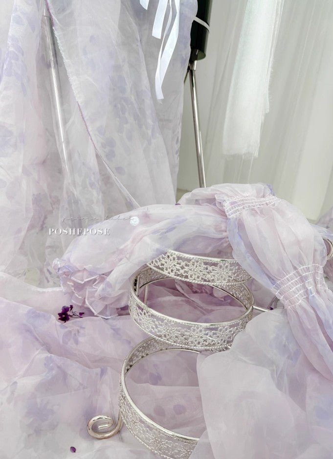 Close-Up of Sheer Lavender Floral Organza Fabric and Lace Detailing - PoshePose Global
