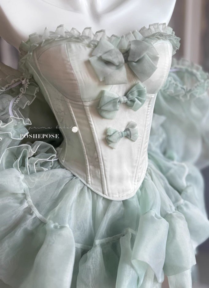 Close-Up Bodice View of Mint Green Corset Dress with Triple Bow Accents - PoshePose Global