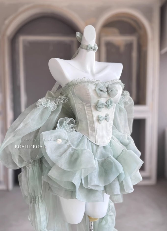  Ethereal Mint Green Couture Gown with Corset Bodice, Puff Sleeves, and Tiered Ruffle Skirt - PoshePose Global