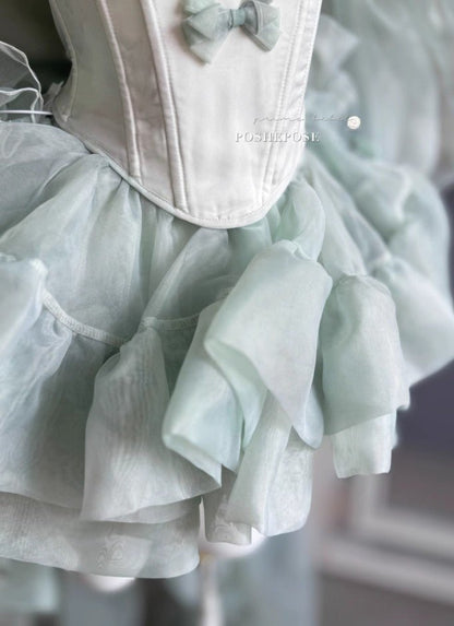 Close-Up of Mint Green Tiered Organza Ruffled Skirt and Corset Waist - PoshePose Global