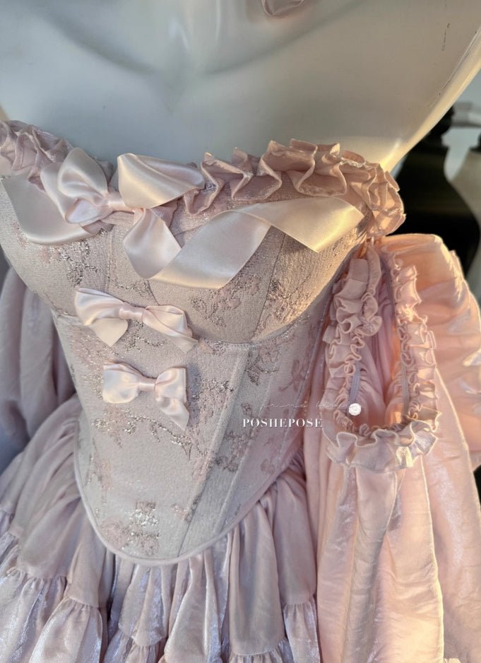 Close-Up of Soft Pink Floral Jacquard Corset Bodice with Satin Bows - PoshePose Global