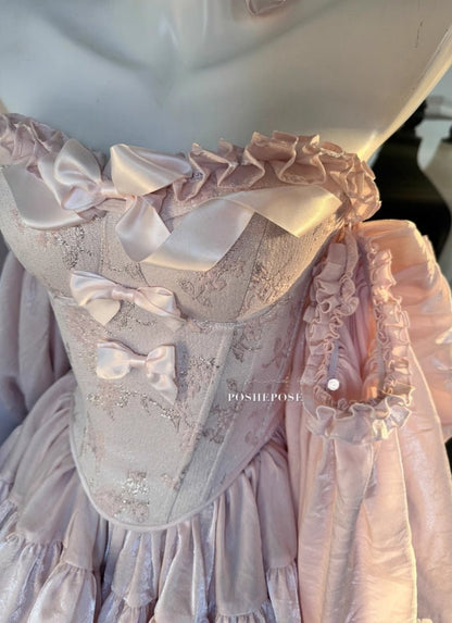 Close-Up of Soft Pink Floral Jacquard Corset Bodice with Satin Bows - PoshePose Global