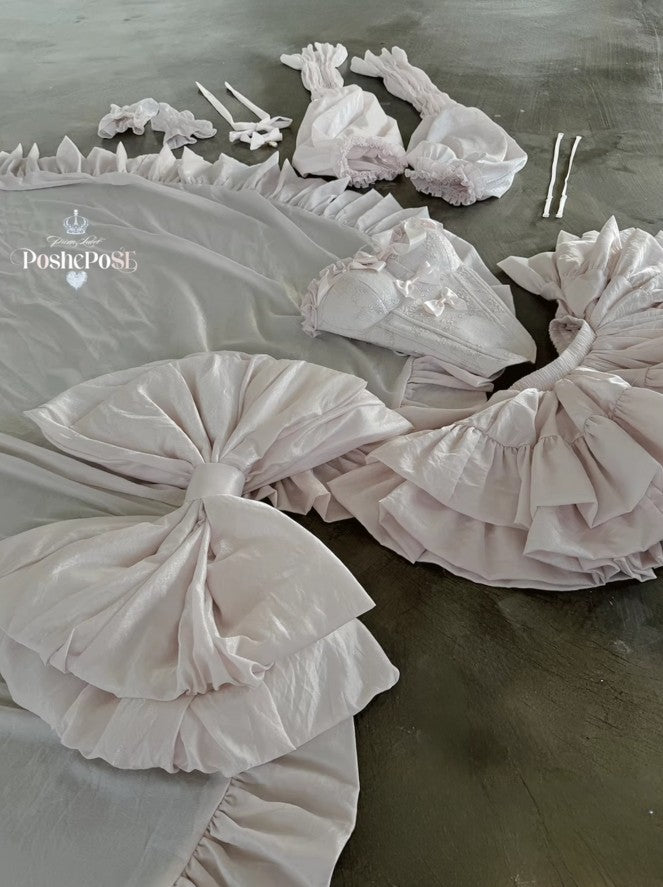 Complete Pastel Pink Royal Princess Couture Dress Set Flatlay with Oversized Bow and Sleeves - PoshePose Global
