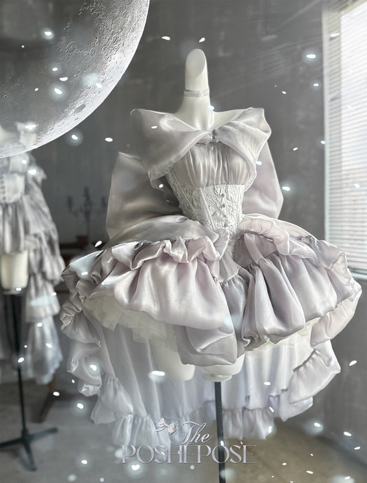 Shining Moon Silver Dress with large statement bow and ruffled skirt