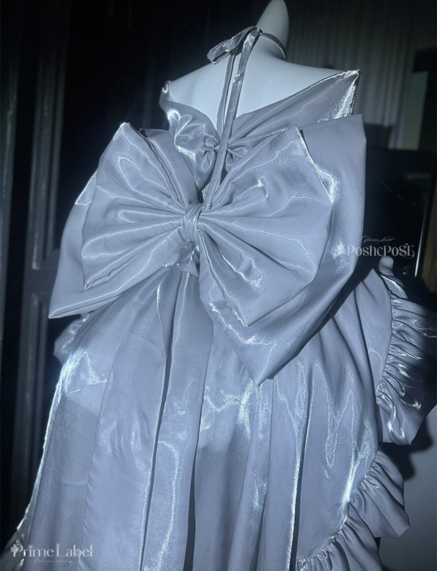 Satin silver dress with embroidery and sculpted silhouette