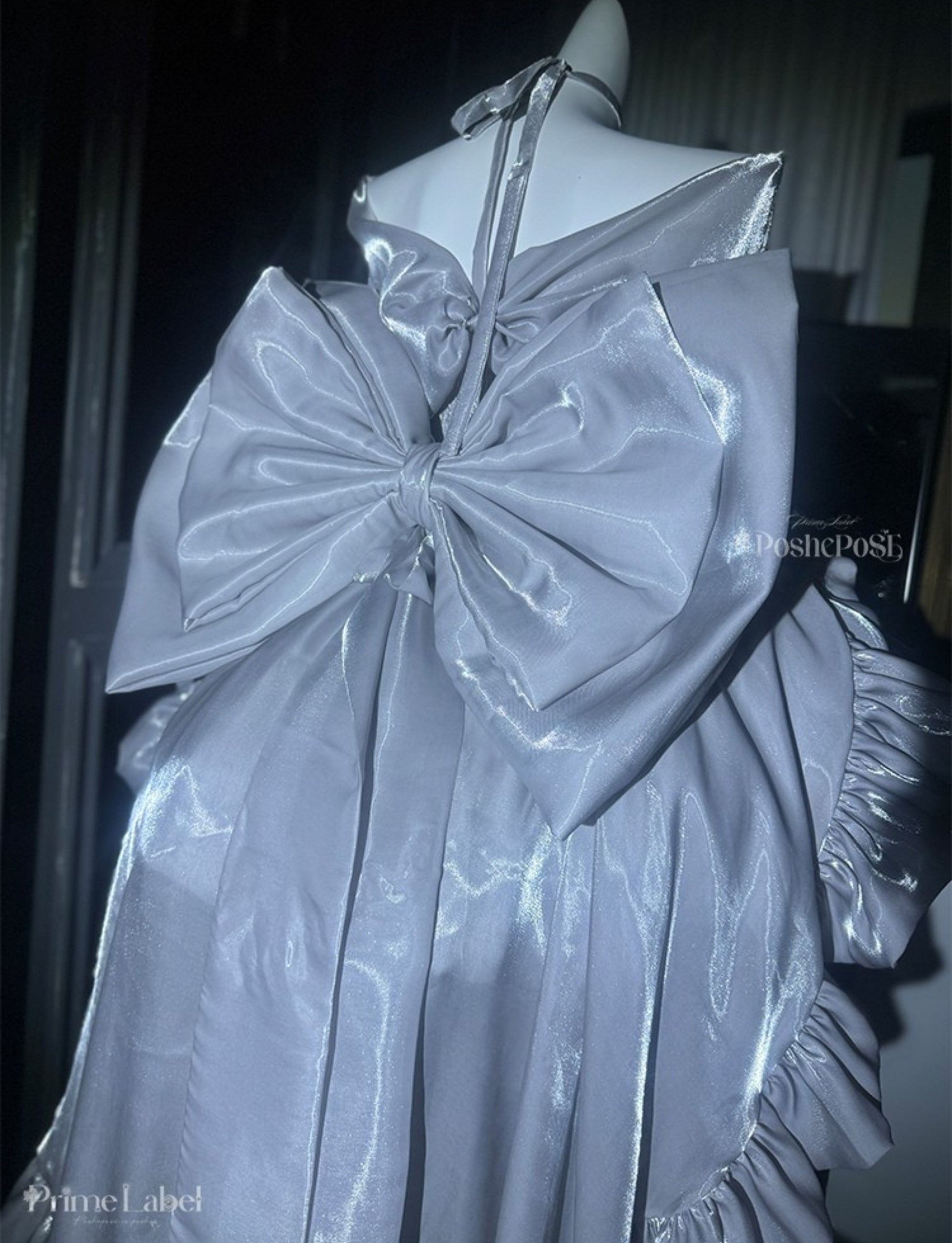 Satin silver dress with embroidery and sculpted silhouette