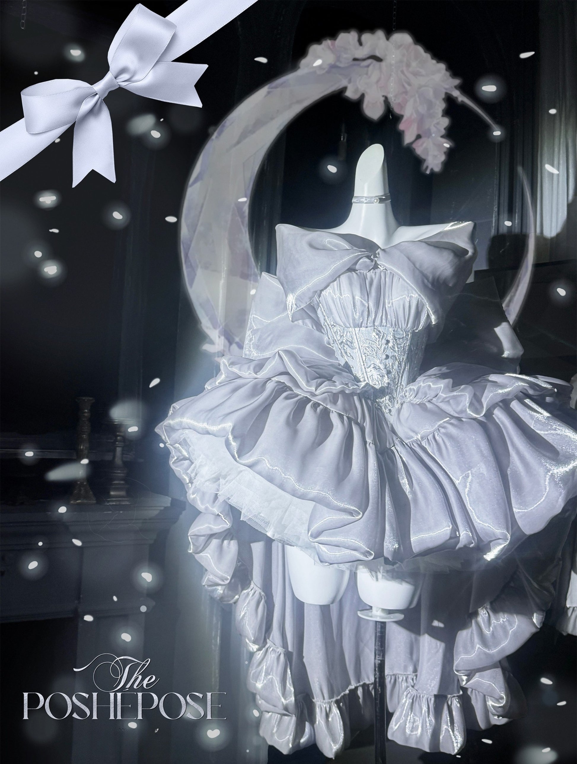 Couture silver lolita dress with embroidered corset and satin shine