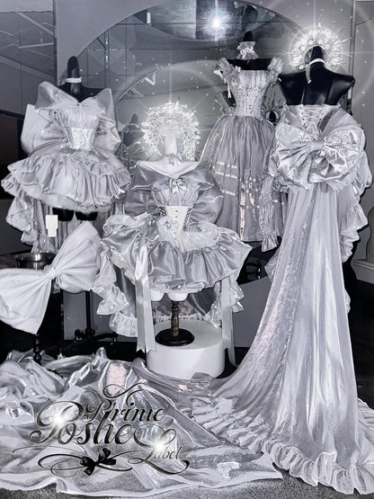 POSHEPOSE Moonlit Silver White princess dress with couture-inspired bows and ruffles