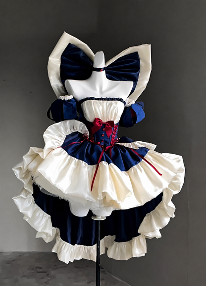 Snow White inspired princess dress featuring a blue bodice, yellow skirt, red accents, and classic fairytale styling.