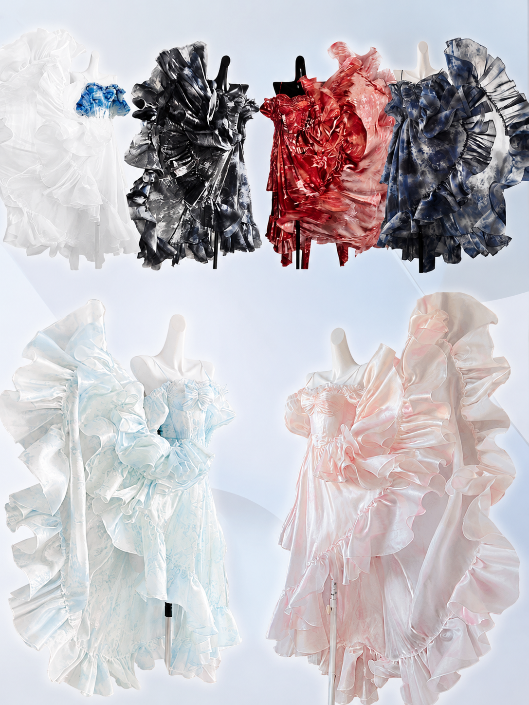 Spiritual Light Dress Collection featuring elegant ruffle dresses in white, black, red, navy blue, light blue, and blush pink.