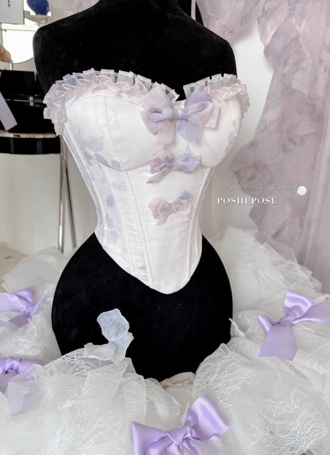 White lavender Strapless Corset Bodice with Pastel Lavender Bows and Ruffles - PoshePose Global