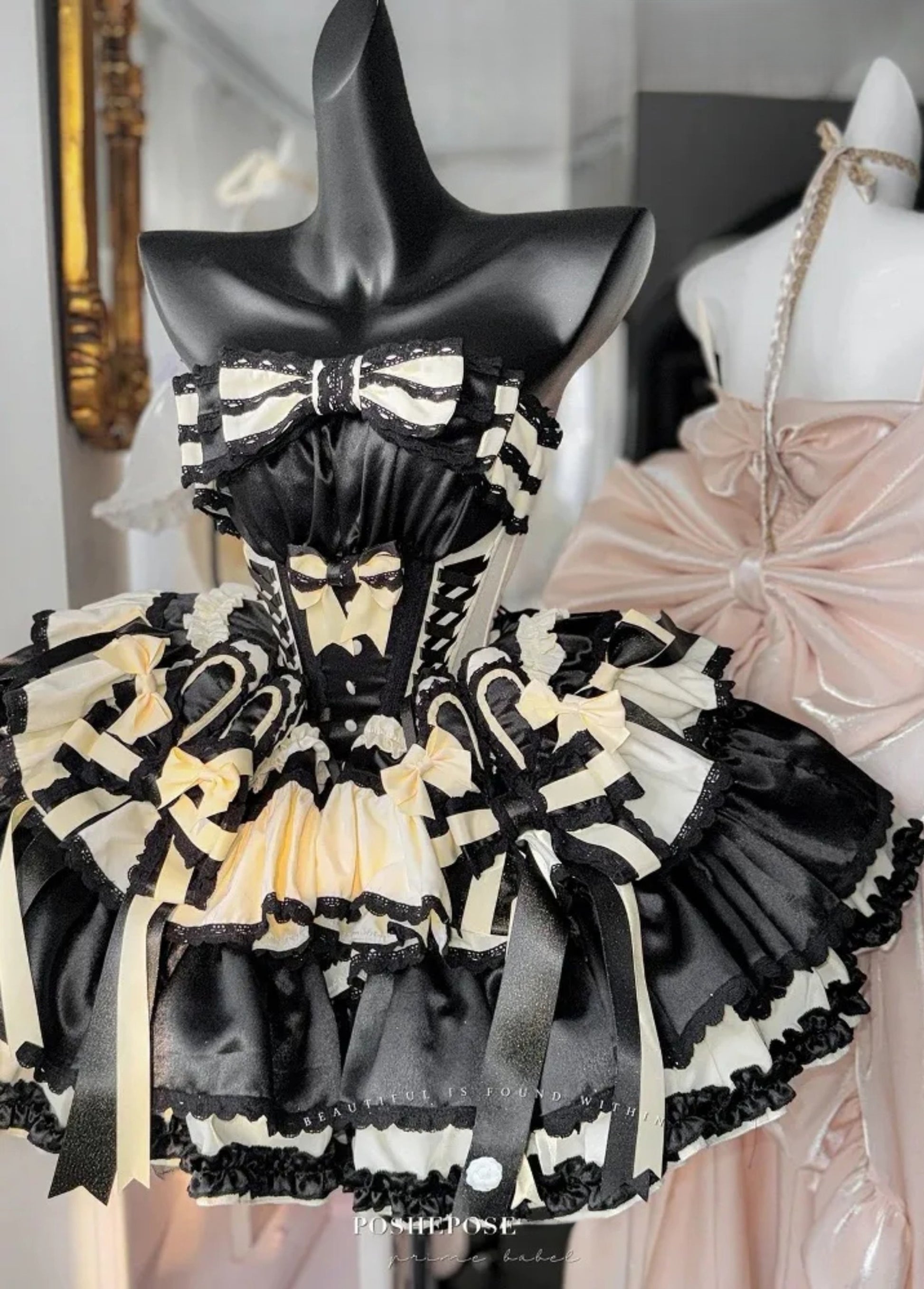 Sweet Dream Black Dress lace neckline detail, gothic Lolita idol dress by Poshepose Global.