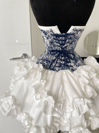 Rococo Laurel Poem Structured Corset in Caviar Blue - PoshePose Global