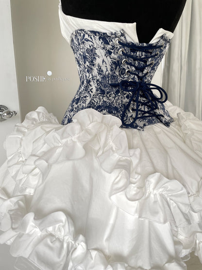 Rococo Laurel Poem Structured Corset in Caviar Blue - PoshePose Global