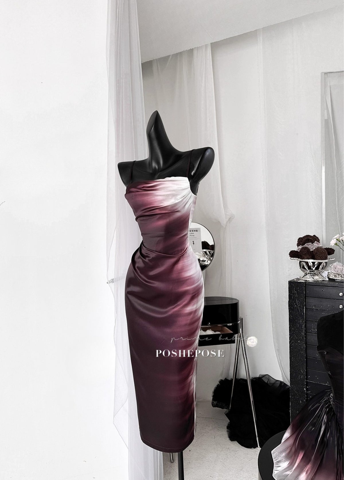 Luxury evening gown in deep burgundy and ivory gradient.