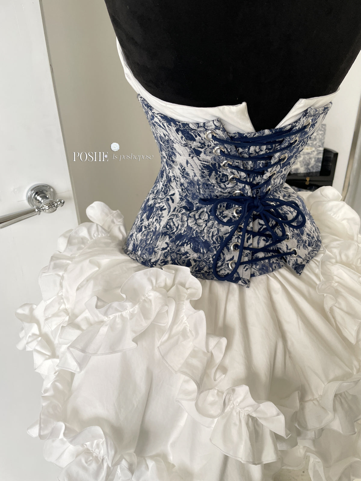 Rococo Laurel Poem Structured Corset in Caviar Blue - PoshePose Global