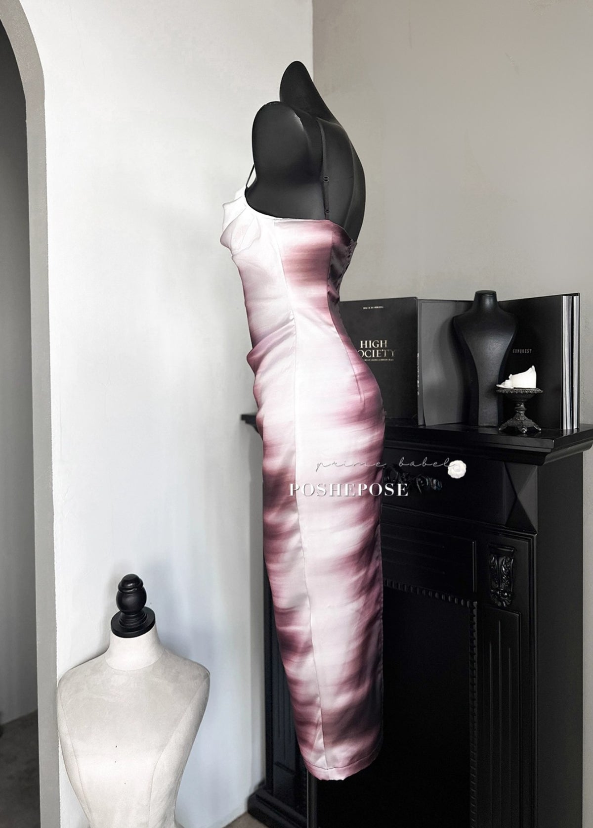 Elegant gothic-inspired satin dress for special events.