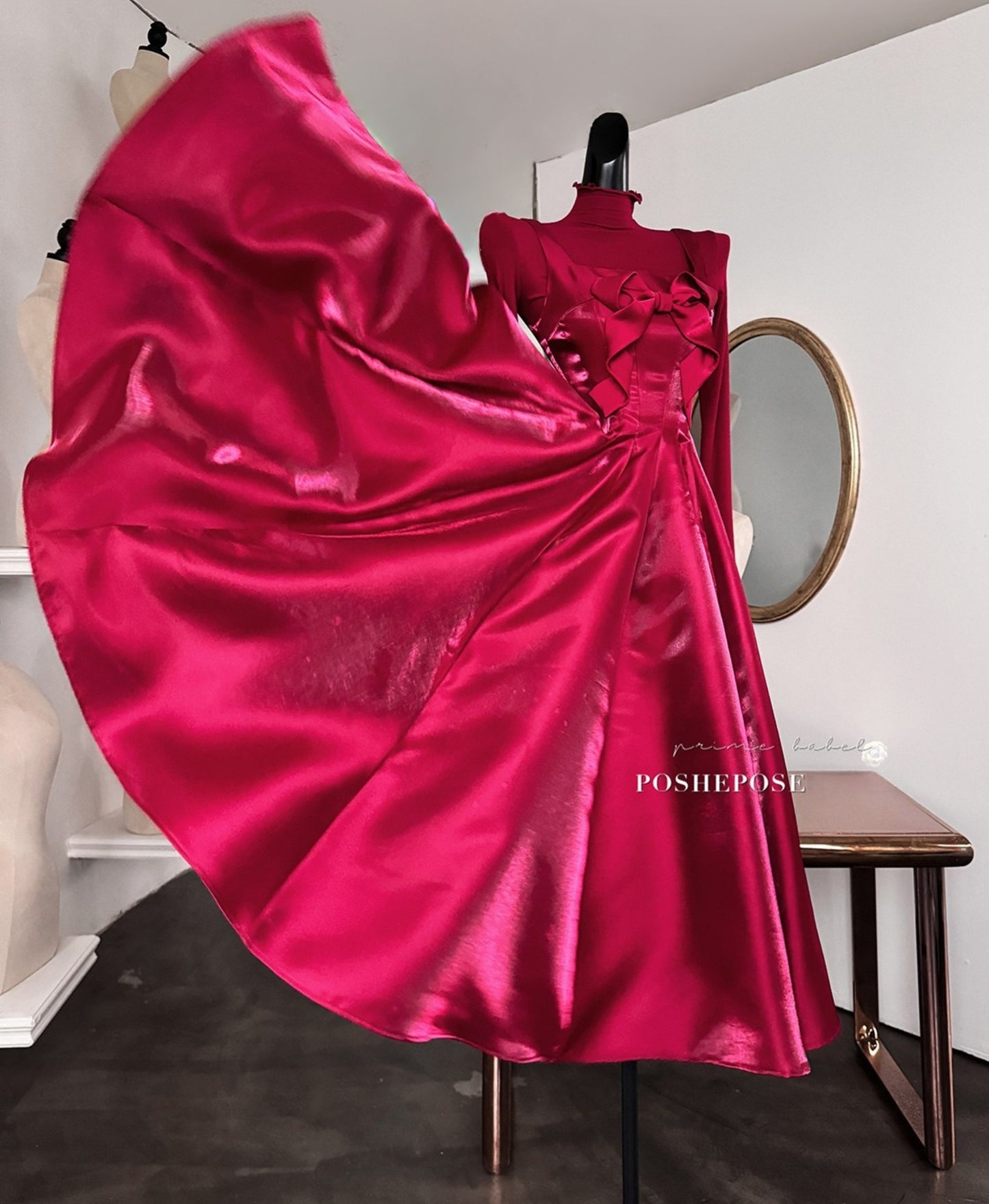 Christmas red evening gown with bow embellishments