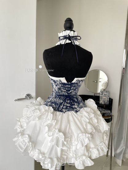 Rococo Laurel Poem Structured Corset in Caviar Blue - PoshePose Global
