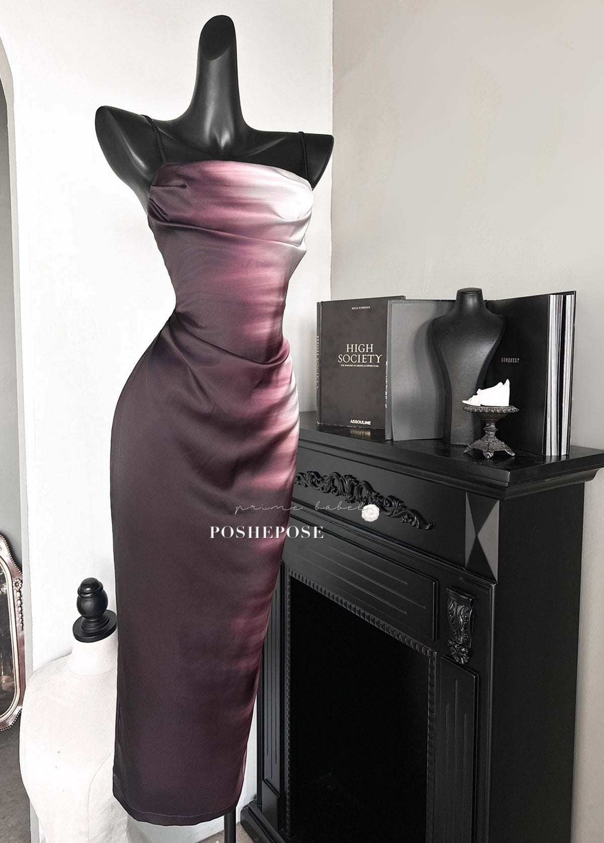 Poshepose Global Prime Label dark satin evening gown.