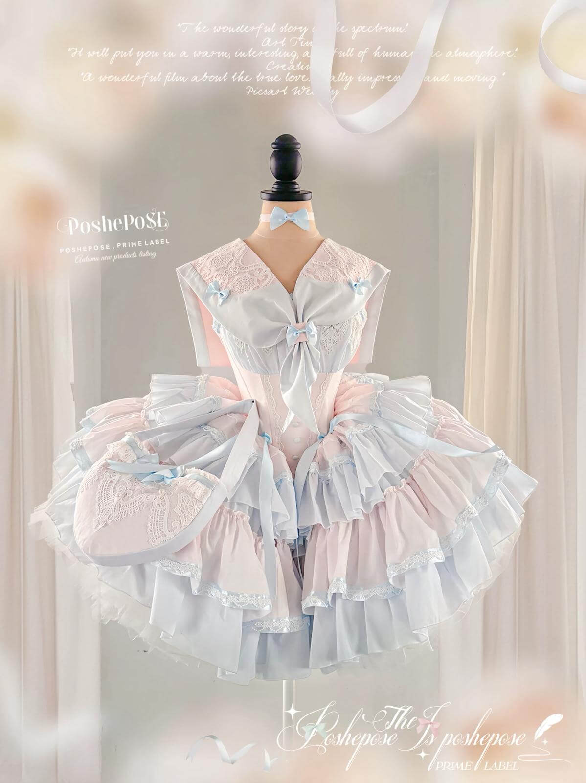 Poshepose Global Gardenia Promise dress in pink and blue with soft lace accents.