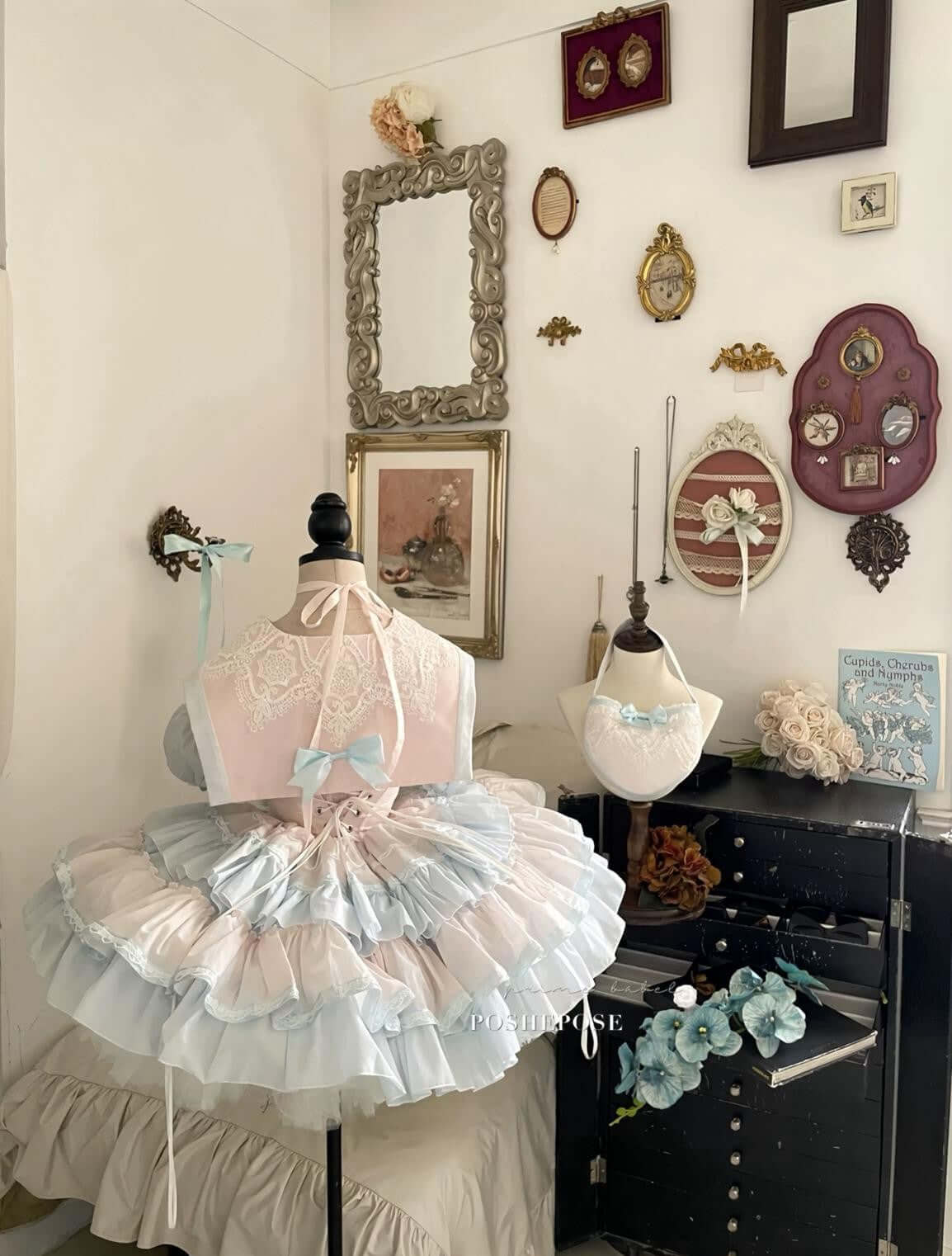 Sweet pastel sailor dress with heart bag and frilled ruffle skirt by Poshepose.