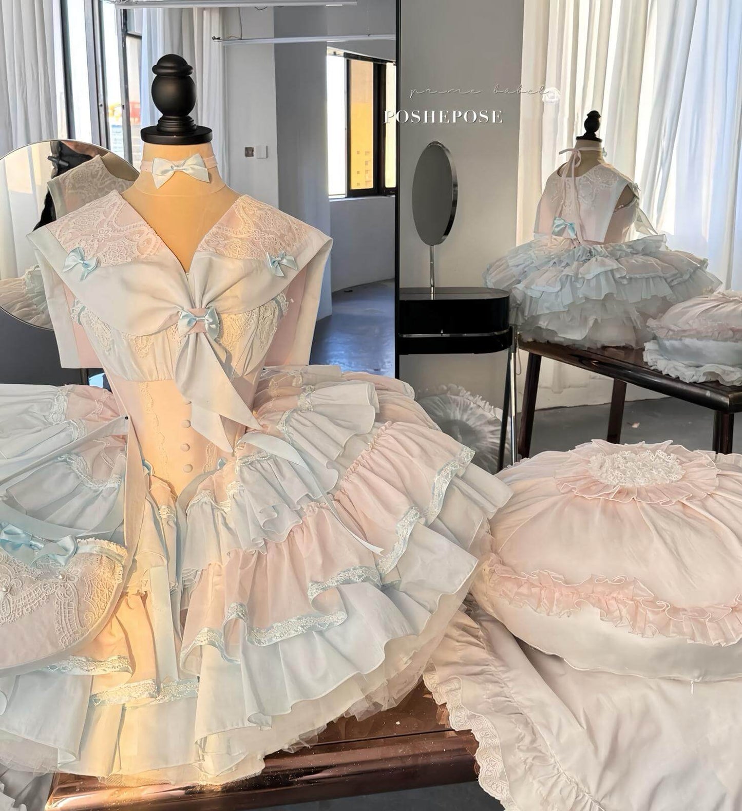 Sweet lolita dress inspired by fairytale fashion, with ruffles and heart accessories.