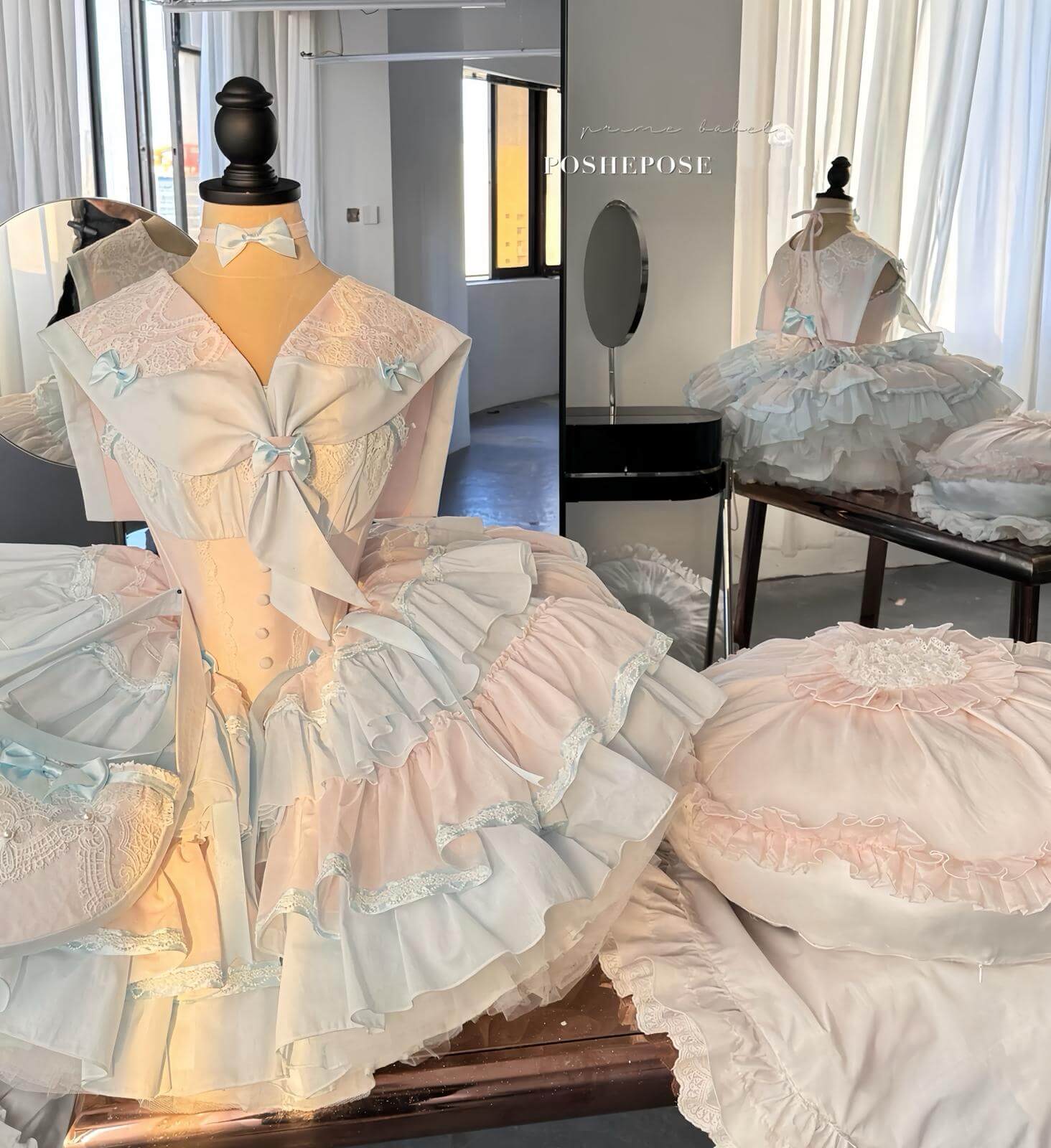 Sweet lolita dress inspired by fairytale fashion, with ruffles and heart accessories.