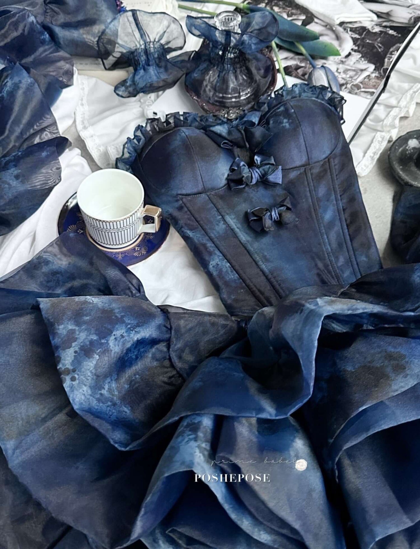 Haute Couture Deep Sea Dress Limited Edition displayed with accessories, embodying vintage and dark romantic fashion.