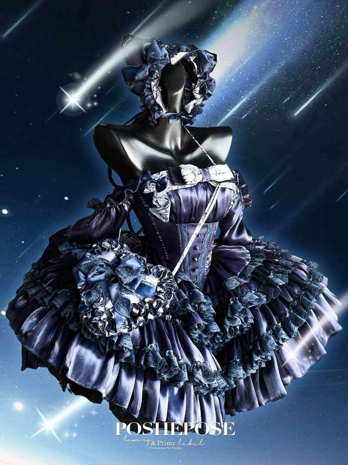 Gothic lolita dress in navy with corset bodice and heart purse from Poshepose Global.