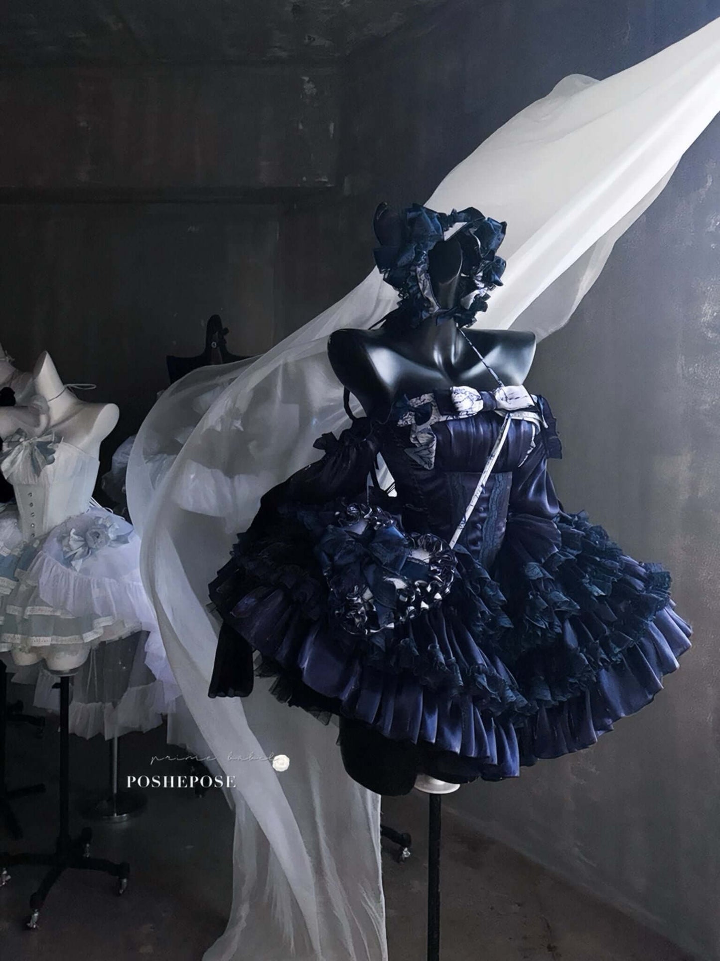 Luxury dark lolita dress with satin pleats, lace bows, and elegant detailing.