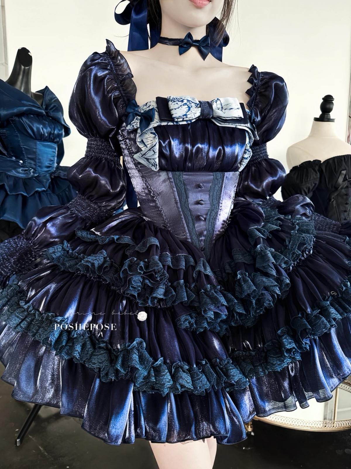Poshepose Global dark lolita dress with vintage navy aesthetic and lace bonnet.