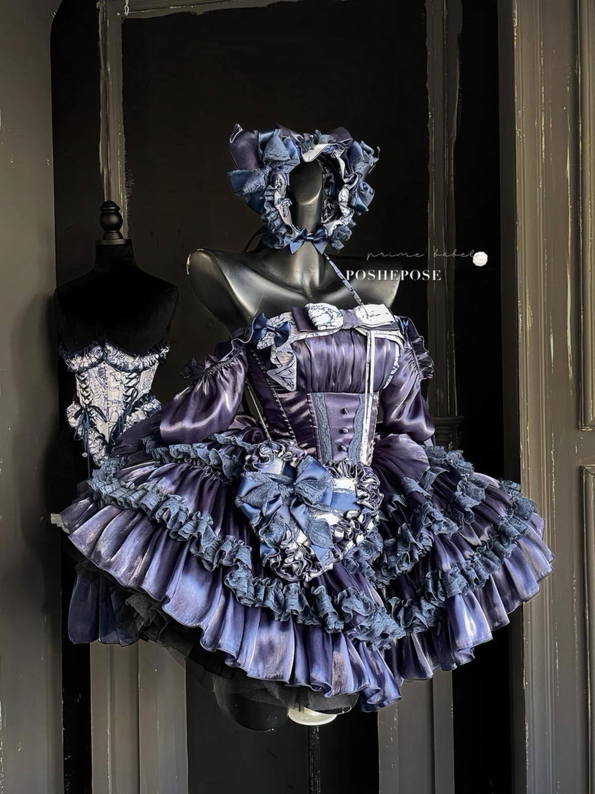 Hidden Fox navy gothic lolita set with structured bodice and voluminous skirt.